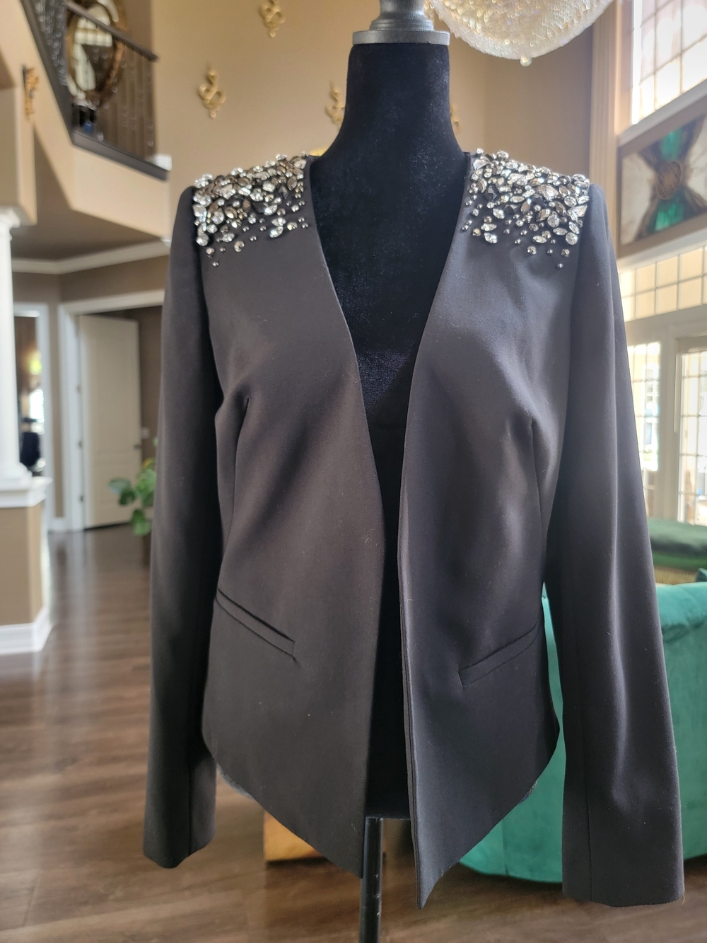 Calvin Klein Black Embellished Shoulder Open-Front Blazer